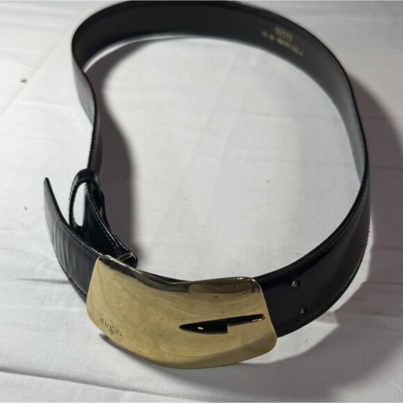 Vintage Gucci Black Leather Dress Belt G Buckle Brass Hardware Size 30  Category main image 4